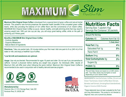 Maximum Slim Original Green Coffee, 12 Maximum Slim Original Green Coffee, 12